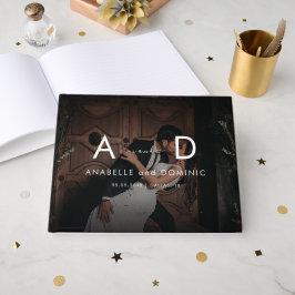 Livro De Visitas Foto Escura e Monograma Casamento Preto Elegante