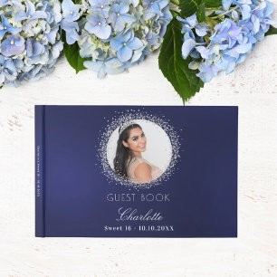 Livro De Visitas Foto glamourosa de prata azul doce 16 marinho