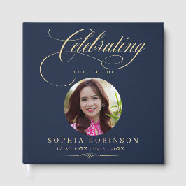Livro De Visitas Foto Memorial Fúnebre Elegante Azul Dourado Script