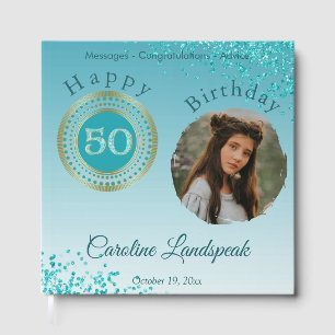 Livro De Visitas Foto personalizada Azul-Teal Brilhante 50º Anivers