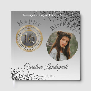 Livro De Visitas Foto personalizada com brilho preto doce 16 aniver