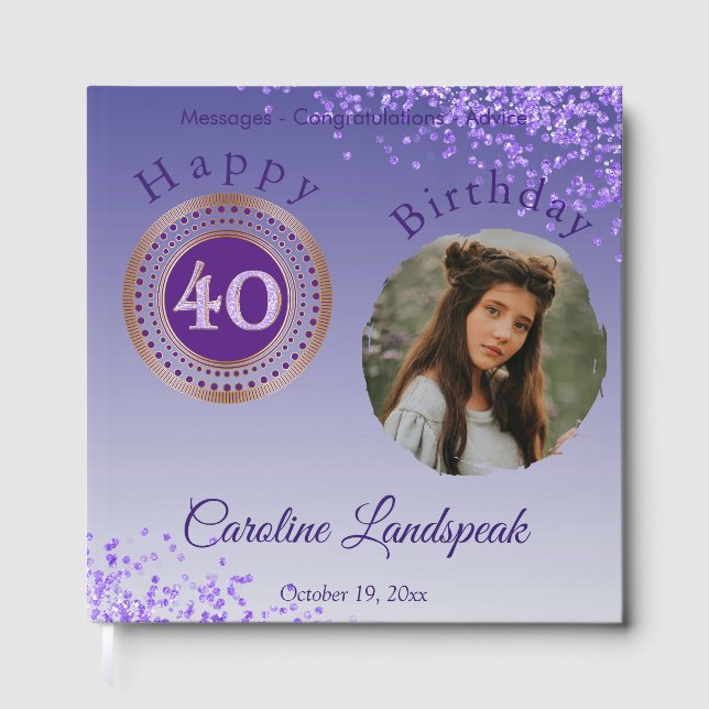Livro De Visitas Foto personalizada com brilho púrpura, aniversário (Frente)