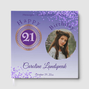 Livro De Visitas Foto Personalizada com Brilho Roxo, 21º Aniversári