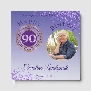 Livro De Visitas Foto personalizada com brilho roxo, 90 Aniversário