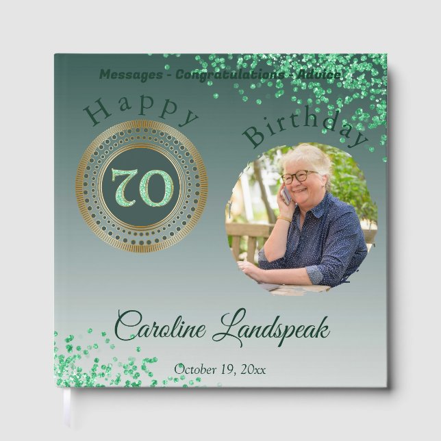 Livro De Visitas Foto personalizada com brilho verde, 70 Birthday (Frente)