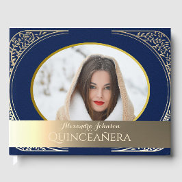 Livro De Visitas Foto Quinceanera Azul Marinho e Dourado 