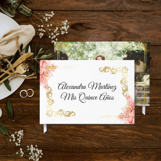 Livro De Visitas Frame Dourado Floral Branco Elegante Rosa Quinceañ