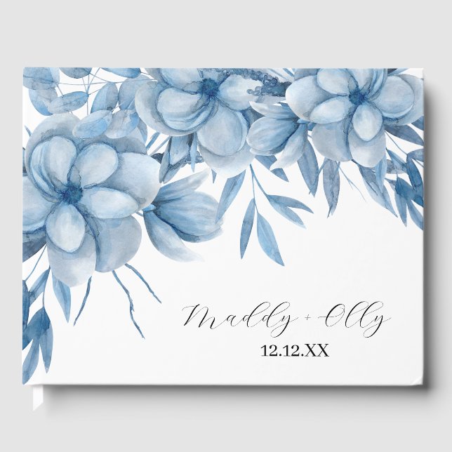 Livro De Visitas Frosty Grey Blue Floral Wedding (Frente)