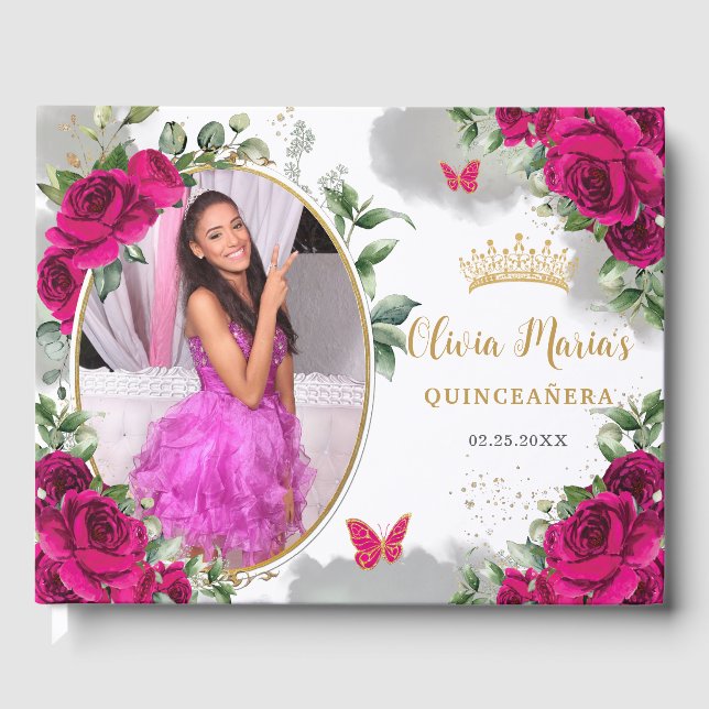 Livro De Visitas Fuchsia Rosas Rosa Quente Quinceanera Floral Foto (Frente)