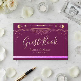 Livro De Visitas Fúcsia Celestial Dourado Sol Lua Estrelas Casament