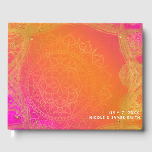 Livro De Visitas Fúcsia Laranja Dourado Casamento Mandala Indiano
