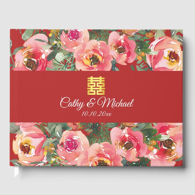 Livro De Visitas Fundo de flor rosa símbolo de dupla felicidade (Frente)