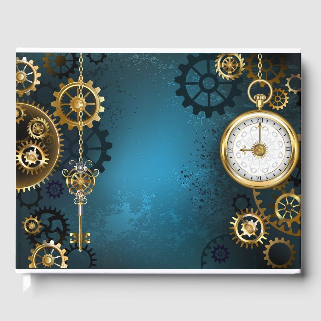 Livro De Visitas Fundo de turquesa Steampun com engrenagens (Frente)