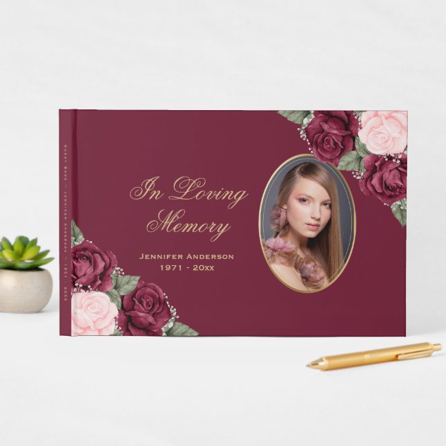 Livro De Visitas Funeral da Memória Floral Dourada Rosa Vermelha (Exibição In Situ)