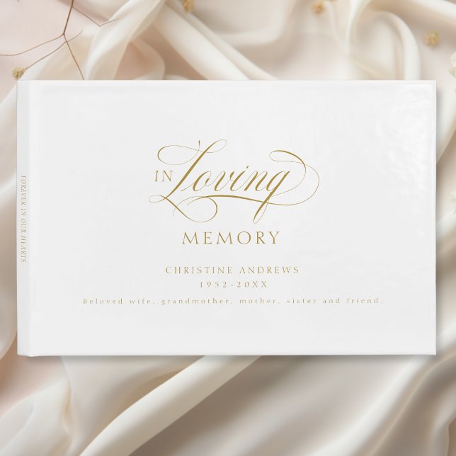 Livro De Visitas Funeral Elegante, Script "In Loving Memory" (Elegant, Script Font "In Loving Memory" Funeral Guest Book, White & Beige-Gold.)