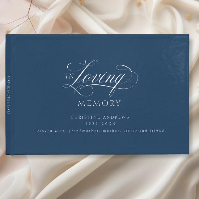 Livro De Visitas Funeral Elegante, Script "In Loving Memory" (Elegant, Script Font "In Loving Memory" Blue Funeral Guest Book.)