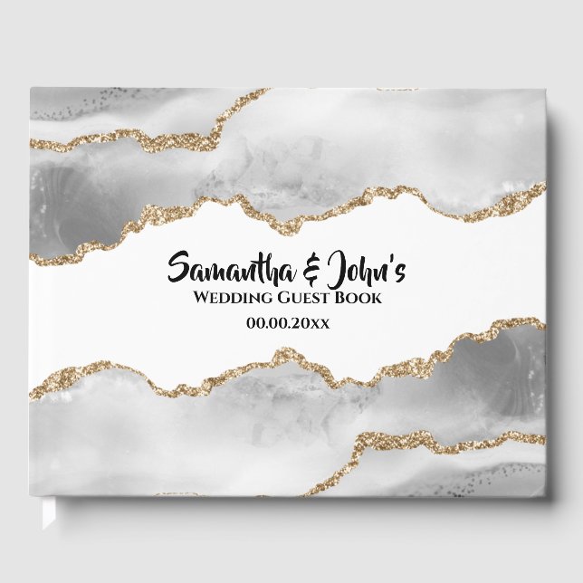 Livro De Visitas Gato branco de geode aquarela escura dourada (Frente)