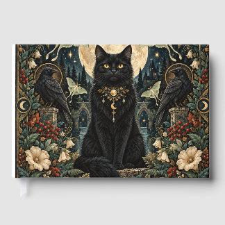 Livro De Visitas Gato Negro Gótico Celestial con Luna y Cuervos.