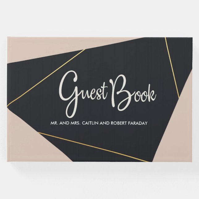 Livro De Visitas Geométrico preto-rosa e dourado (Frente)
