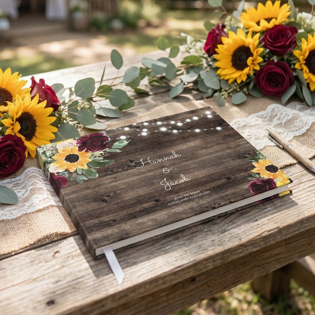 Livro De Visitas Girasóis e Rosas Casamento Rústico de Madeira (Criador carregado)