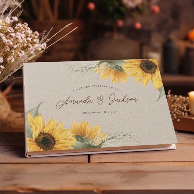 Livro De Visitas Girassol aguarela bege rústico casamento elegante (Watercolor sunflower themed, wedding guestbook for rustic, country or barn wedding.)