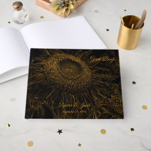 Livro De Visitas Girassol Dourado Arte Floral Preta Elegante