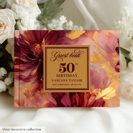 Livro De Visitas Glam Boho Dark Red Blush Dourado Floral 50º Aniver