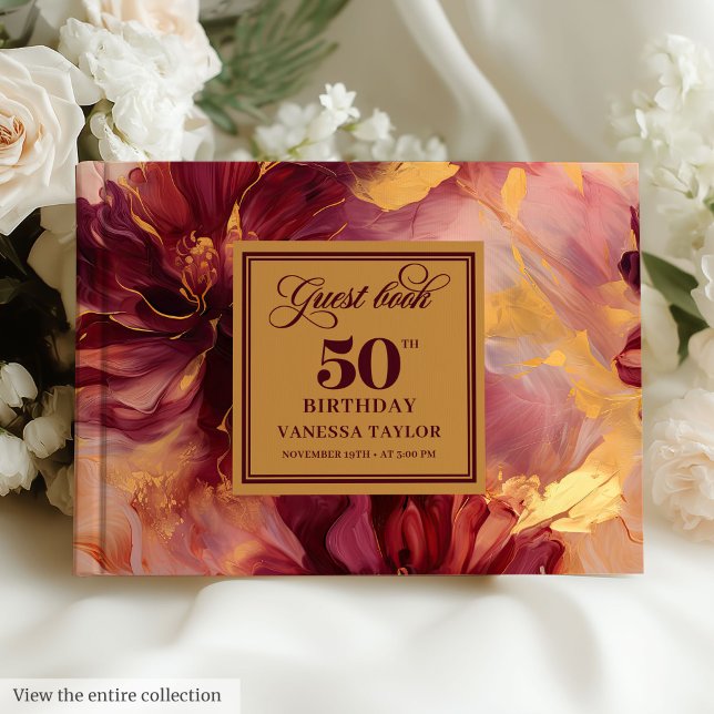 Livro De Visitas Glam Boho Dark Red Blush Dourado Floral 50º Aniver (Glam Boho Dark Red Blush Gold Floral 50th Birthday Guest Book)