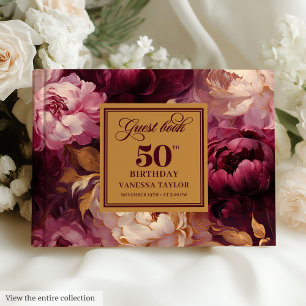 Livro De Visitas Glam Burgundy Blush Dourado Floral 50º Aniversário