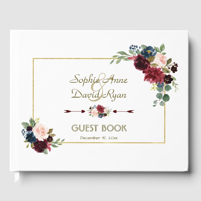 Livro De Visitas Glam Merlot Marinho Blue Floral Weding (Frente)