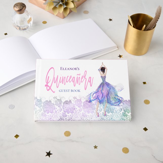 Livro De Visitas Glamorera Quinceanera Pink Dancing Girl Date (Frente aberta)