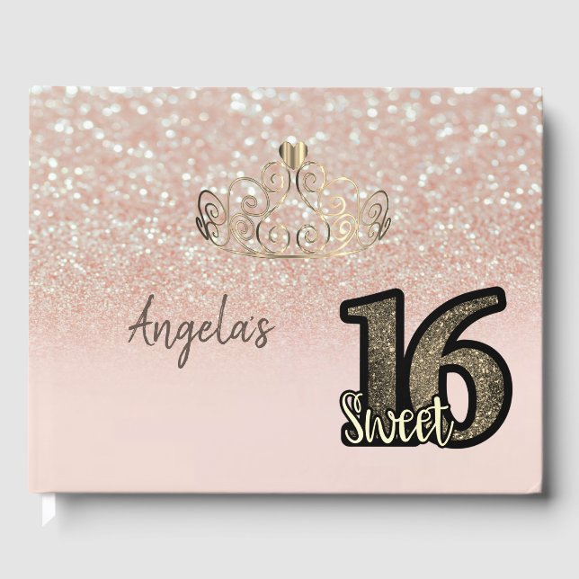Livro De Visitas Glitter Chic Bokeh,Tiara,Sweet 16 (Frente)