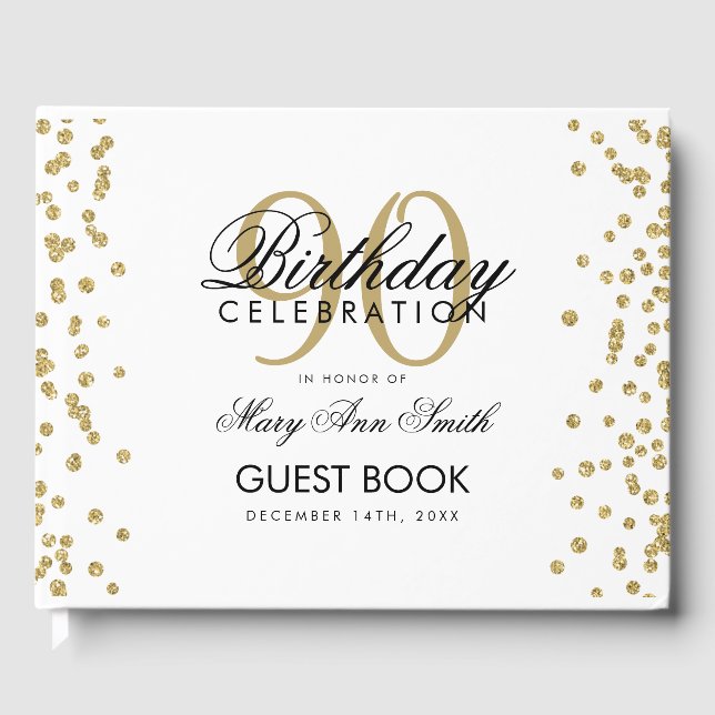 Livro De Visitas Glitter Confetti de aniversário de 90 Dourado (Frente)