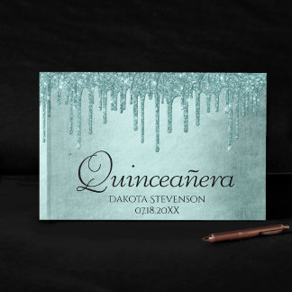 Livro De Visitas Glitter de Mensagem de Discagem | Aqua Teal Glam Q
