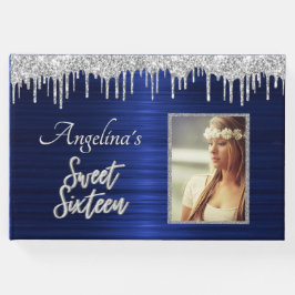 Livro De Visitas Glitter de Prata Metálica Azul com Script Elegante