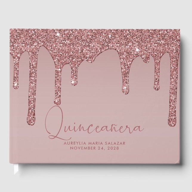 Livro De Visitas Glitter Dourado de Rosa de luxo Quinceanera (Frente)
