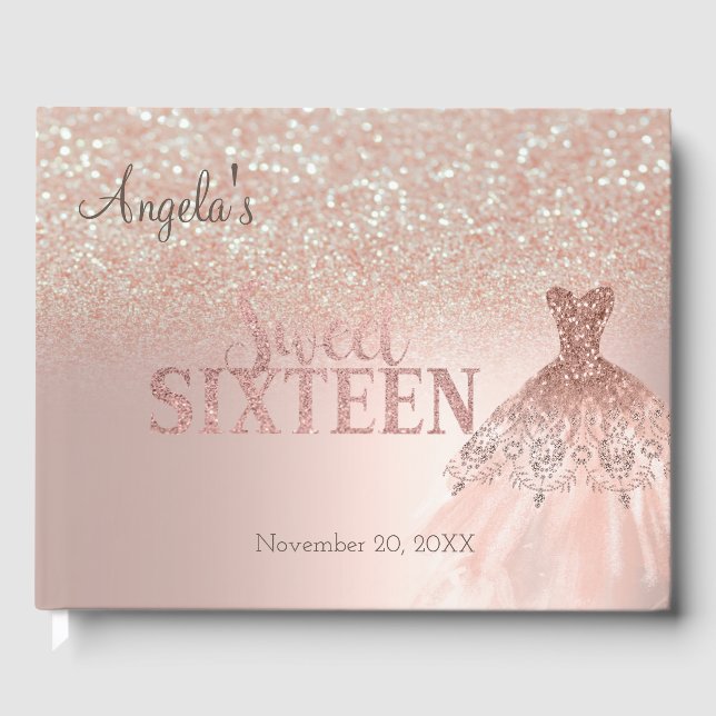 Livro De Visitas Glitter Elegante Bokeh Rosa Dourado Sweet 16 (Frente)