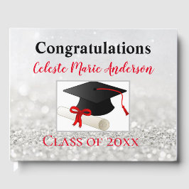 Livro De Visitas Glitter prateado com Boné de formatura e Diploma