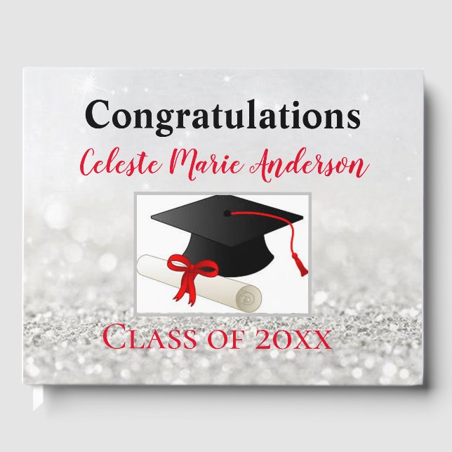 Livro De Visitas Glitter prateado com Boné de formatura e Diploma (Frente)