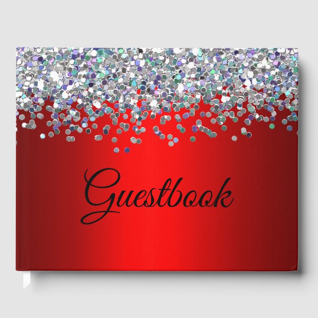 Livro De Visitas Glitter prateado e vermelho metálico (Frente)