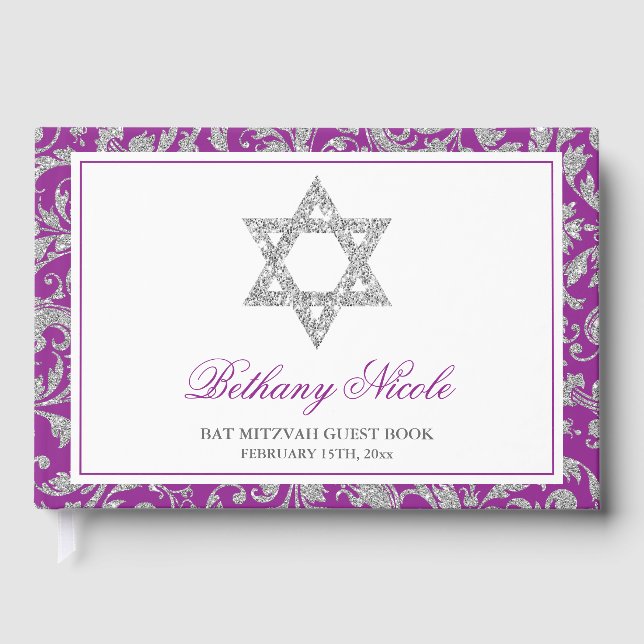 Livro De Visitas Glitter prateado roxo Rodar Damask Bat Mitzvah (Frente)