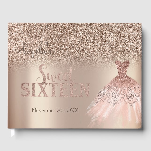 Livro De Visitas Glitter Rosa Dourado Vestido Elegante Bokeh Sweet  (Frente)