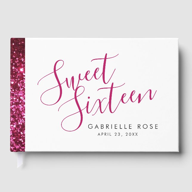 Livro De Visitas Glitter Rosa Quente Stripe Moderno Sweet 16 (Frente)