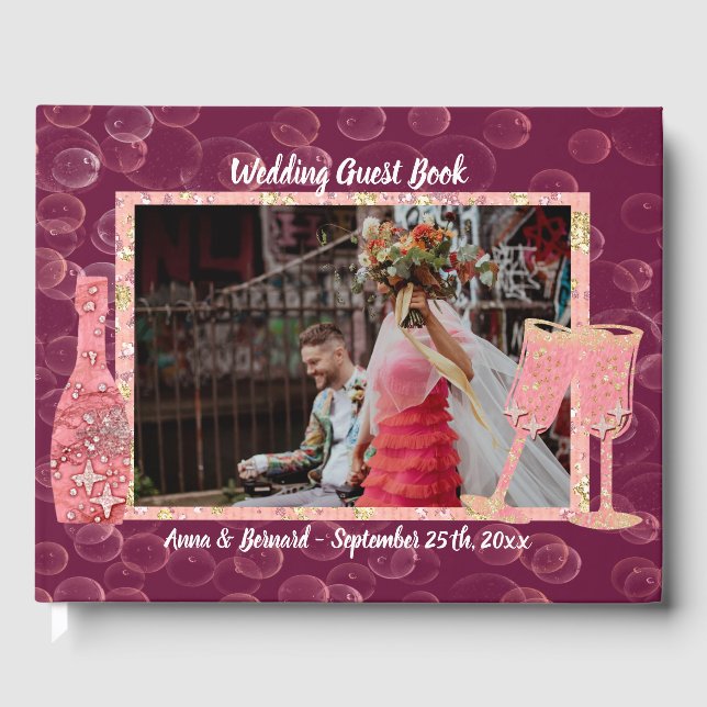 Livro De Visitas Glitter Stars Burgundy Champagne Bolhas e Foto (Frente)