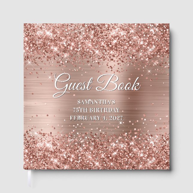 Livro De Visitas Glittery Rose Gold and White 75th Birthday (Frente)