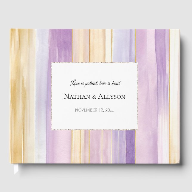 Livro De Visitas Gold Lavender Purple Stripes Wedding (Frente)