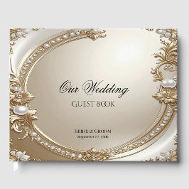 Livro De Visitas Golden Ornate Frame with Pearls Guest Book