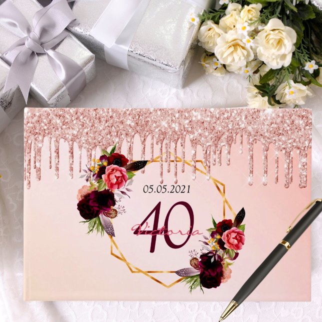 Livro De Visitas gotas geométricas florais de rosa de festa de aniv (Criador carregado)