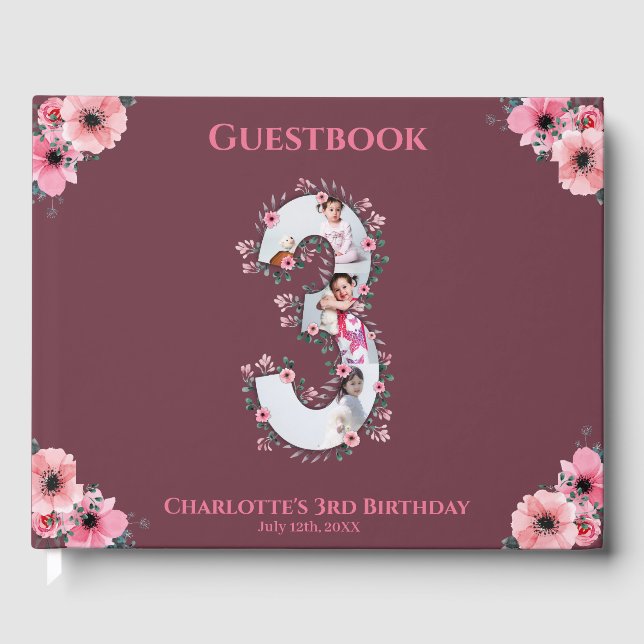 Livro De Visitas Grande aniversário de 3 anos Fotografia Collage Fl (Frente)