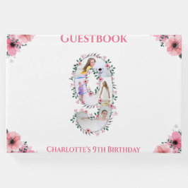 Livro De Visitas Grande Branca de Flor de Foto do 9º Aniversário